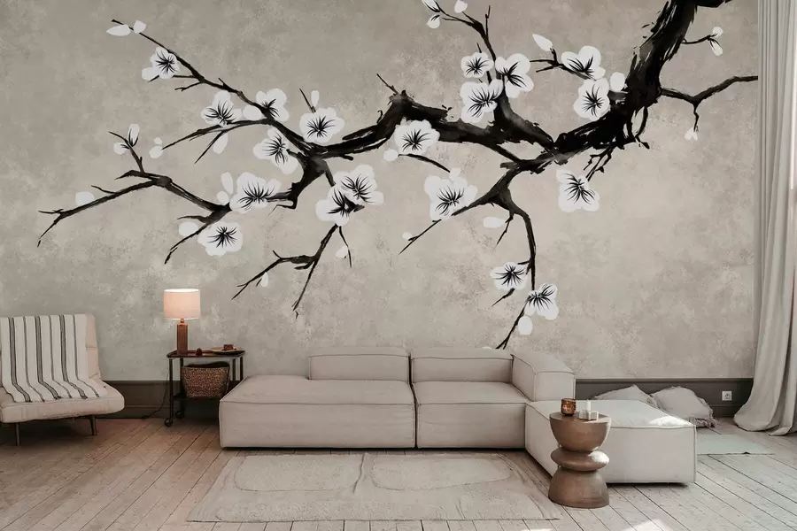 fototapet Ramură cu flori albe, în stil minimalist w05425