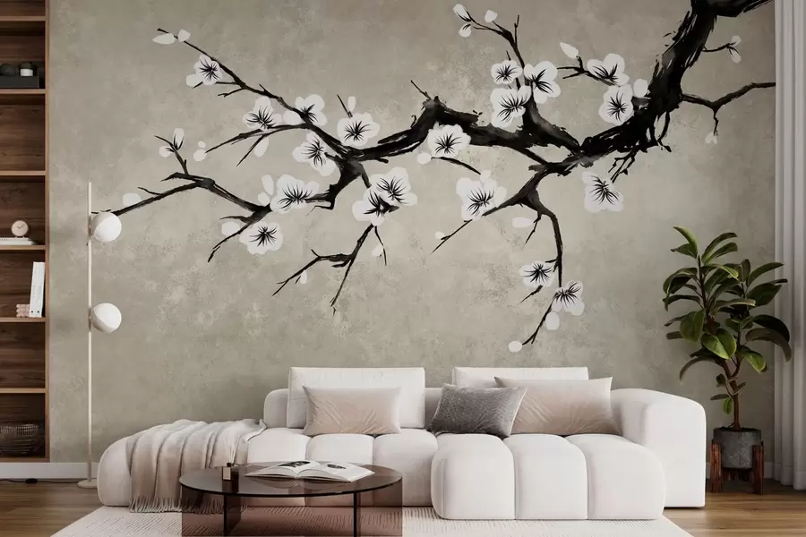 fototapet Ramură cu flori albe, în stil minimalist w05425
