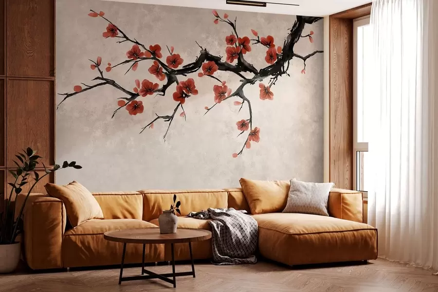 fototapet Ramură înflorită în stil oriental pe fundal bej w05425v4