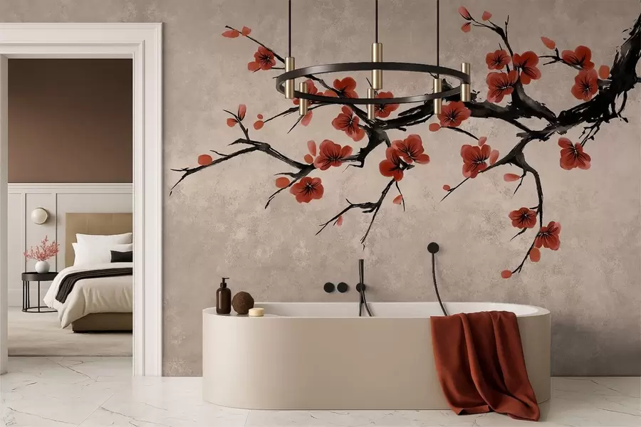 fototapet Ramură înflorită în stil oriental pe fundal bej w05425v4