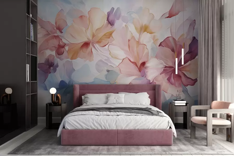 fototapet Flori abstracte, fanteziste, în nuanțe de roz, piersică și lavandă, în stil pictural, artă texturată w09767