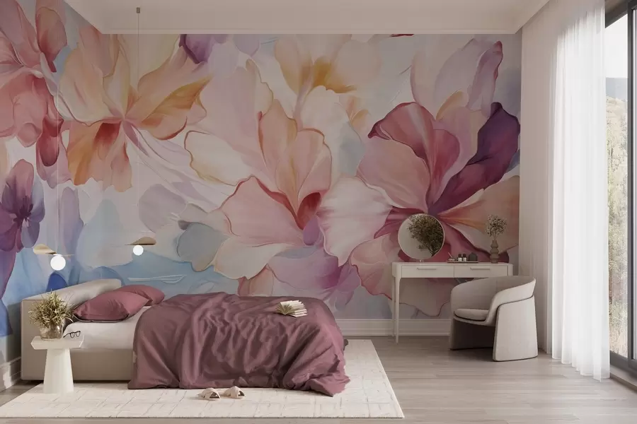 fototapet Flori abstracte, fanteziste, în nuanțe de roz, piersică și lavandă, în stil pictural, artă texturată w09767