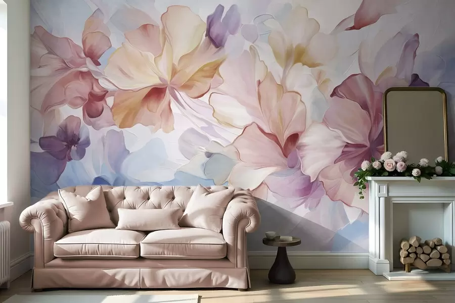 fototapet Flori abstracte, fanteziste, în nuanțe de roz, piersică și lavandă, în stil pictural, artă texturată w09767
