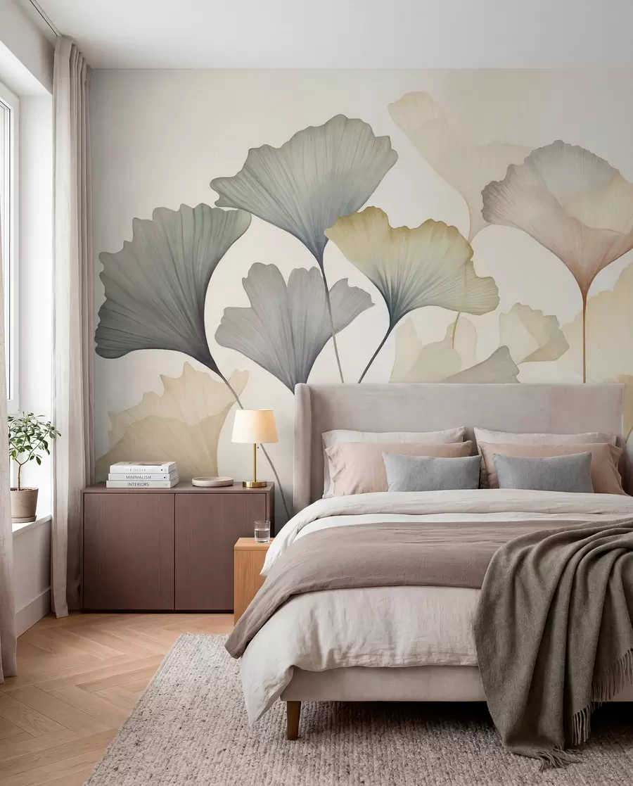 fototapet Frunze de ginkgo abstractizate, în nuanțe pastelate discrete precum albastru, verde și piersic, lucrare artistică cu textură w09810
