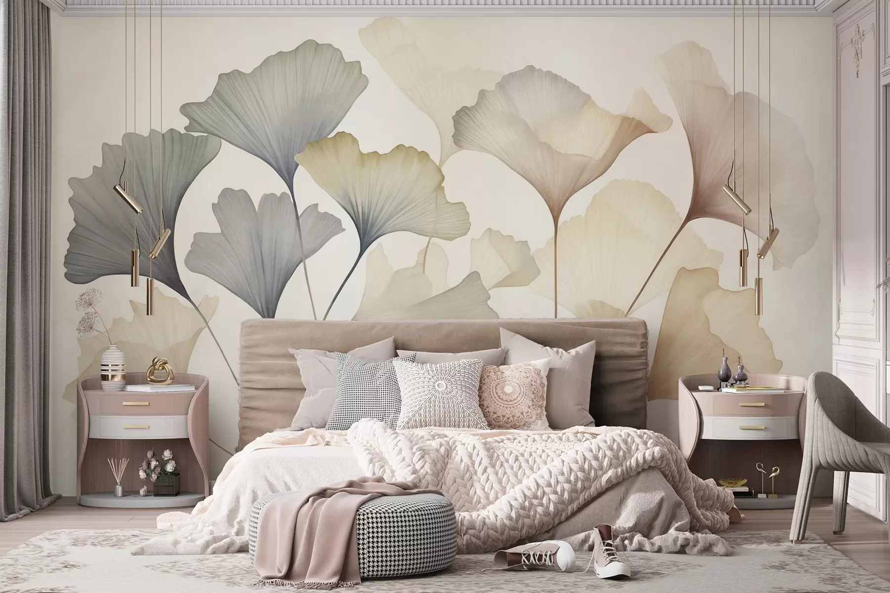 fototapet Frunze de ginkgo abstractizate, în nuanțe pastelate discrete precum albastru, verde și piersic, lucrare artistică cu textură w09810