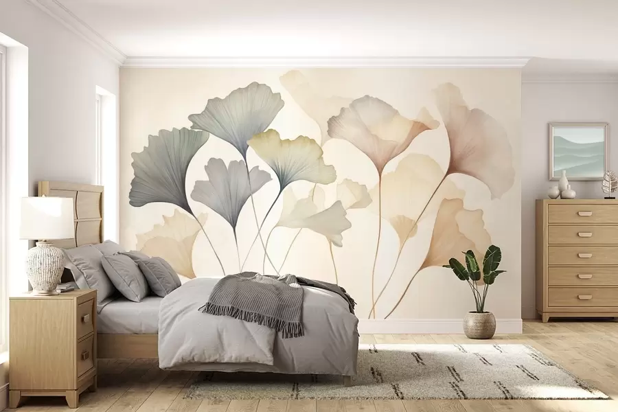 fototapet Frunze de ginkgo abstractizate, în nuanțe pastelate discrete precum albastru, verde și piersic, lucrare artistică cu textură w09810