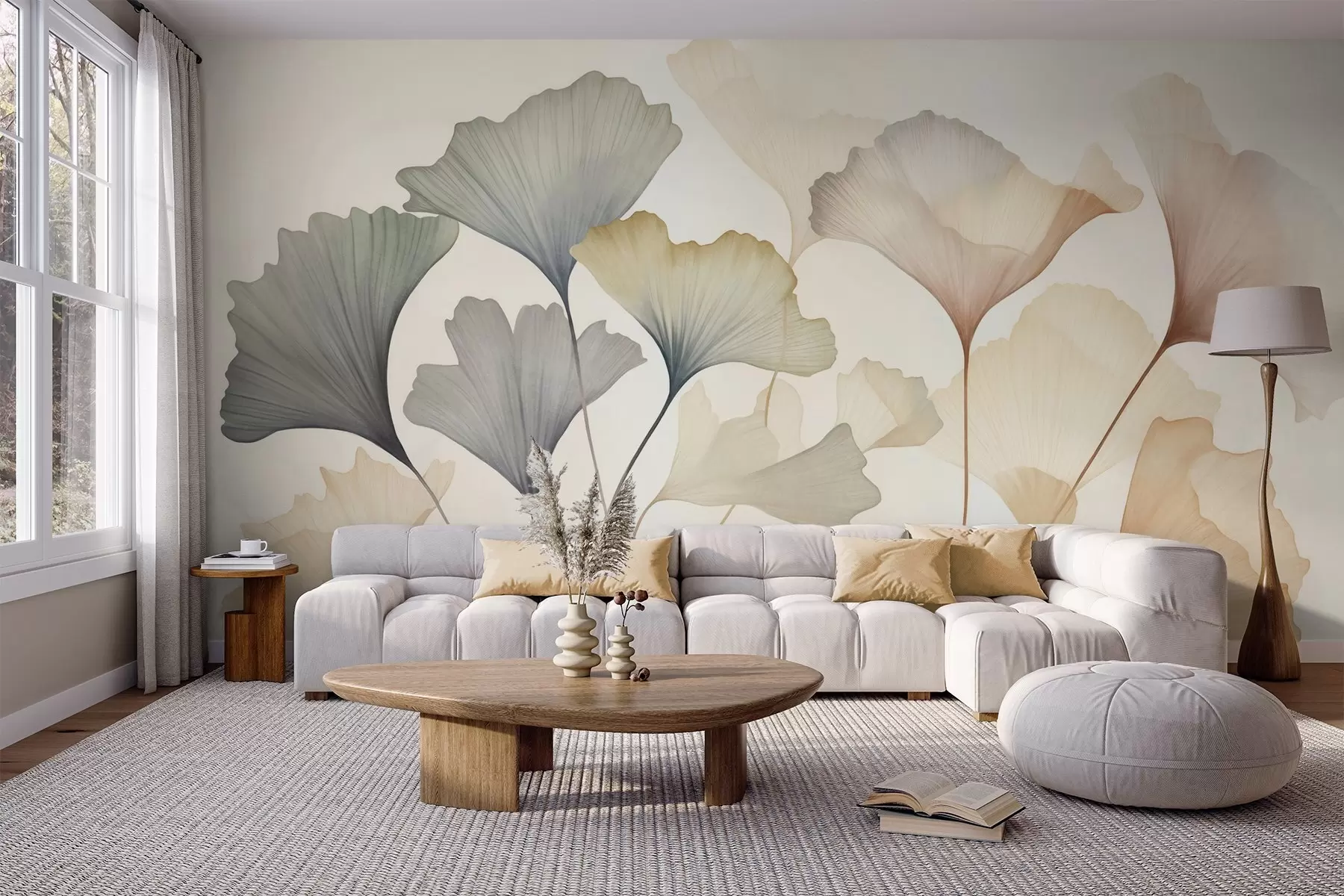 fototapet Frunze de ginkgo abstractizate, în nuanțe pastelate discrete precum albastru, verde și piersic, lucrare artistică cu textură w09810
