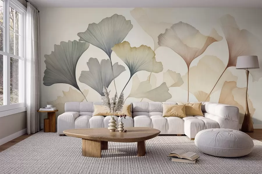 fototapet Frunze de ginkgo abstractizate, în nuanțe pastelate discrete precum albastru, verde și piersic, lucrare artistică cu textură w09810