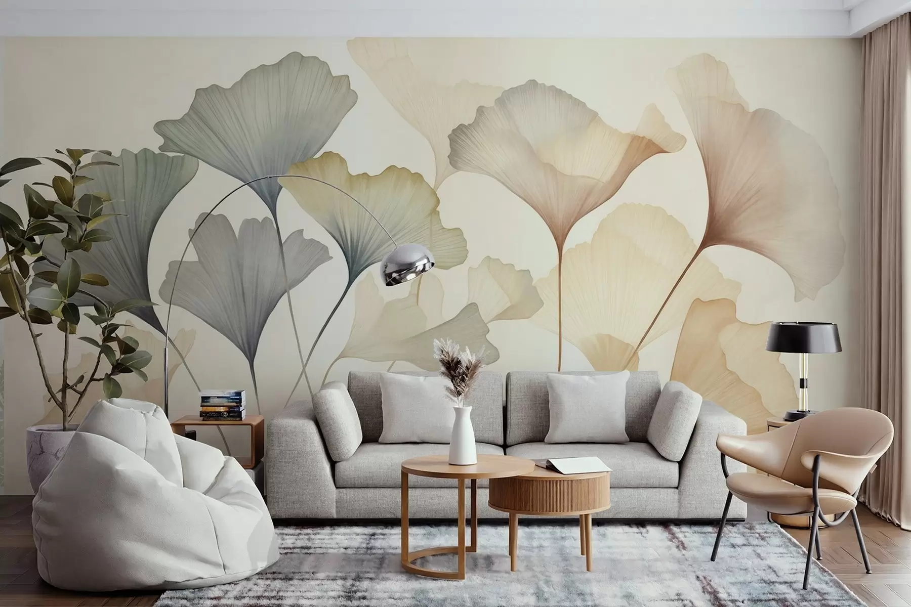 fototapet Frunze de ginkgo abstractizate, în nuanțe pastelate discrete precum albastru, verde și piersic, lucrare artistică cu textură w09810