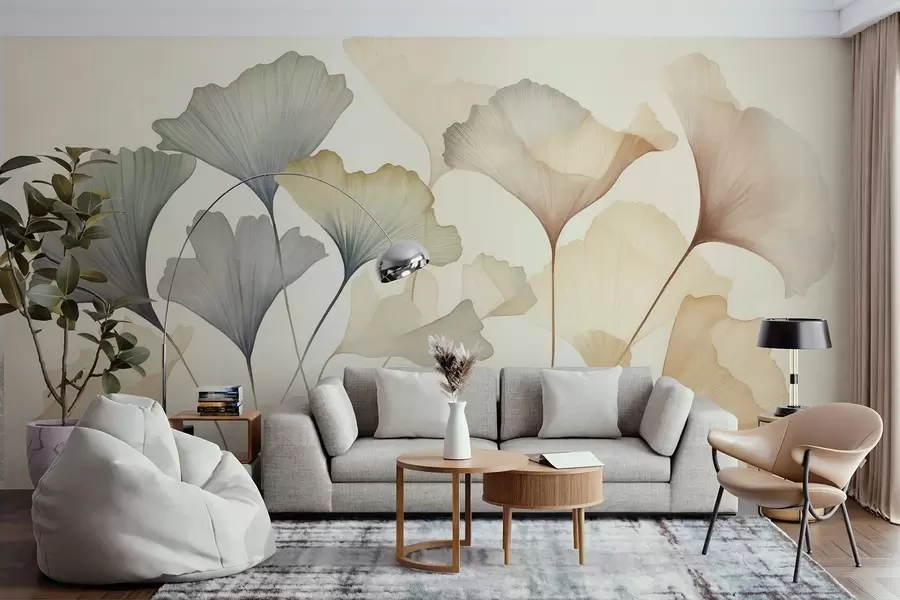 fototapet Frunze de ginkgo abstractizate, în nuanțe pastelate discrete precum albastru, verde și piersic, lucrare artistică cu textură w09810