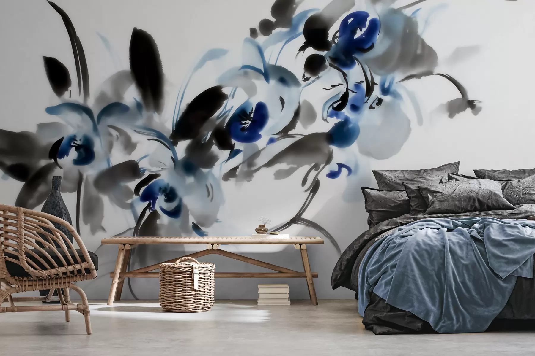 fototapet flori abstracte elegante, în stil acuarelă orientală, cu accente de albastru și negru, orhidee w09797