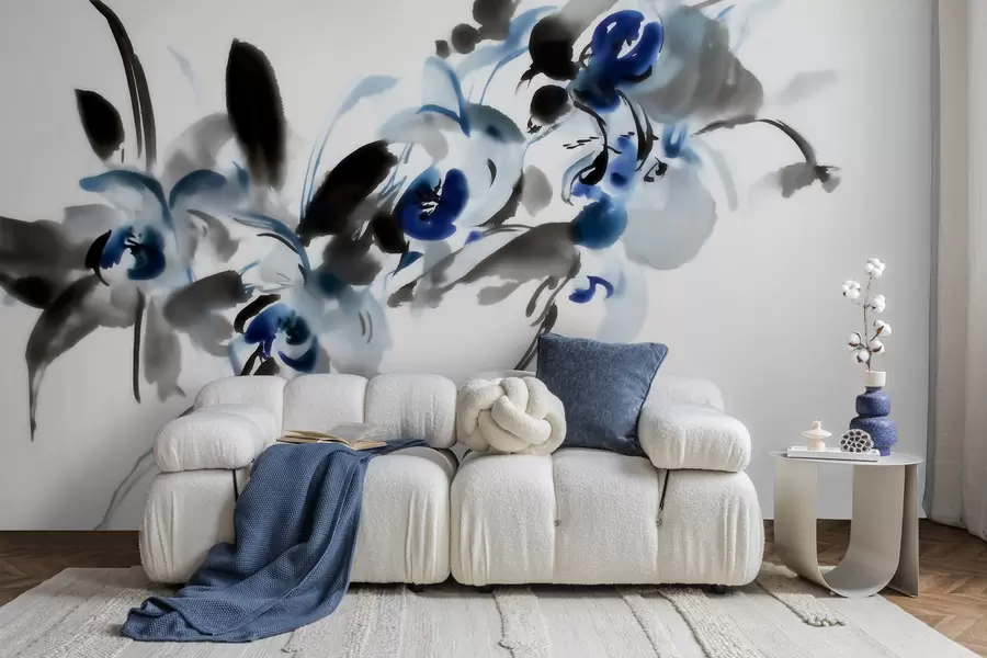 fototapet flori abstracte elegante, în stil acuarelă orientală, cu accente de albastru și negru, orhidee w09797