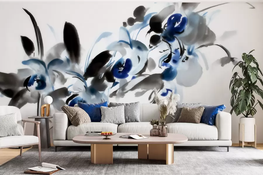 fototapet flori abstracte elegante, în stil acuarelă orientală, cu accente de albastru și negru, orhidee w09797