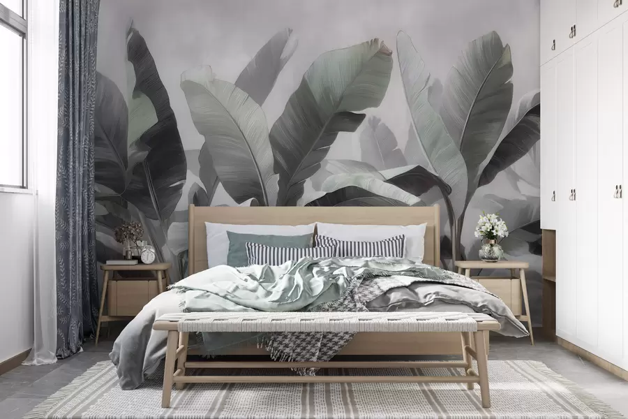 fototapet Frunze mari de bananier în stil abstract, într-o paletă de culori neutre, cu nuanțe delicate de gri-verde w09805
