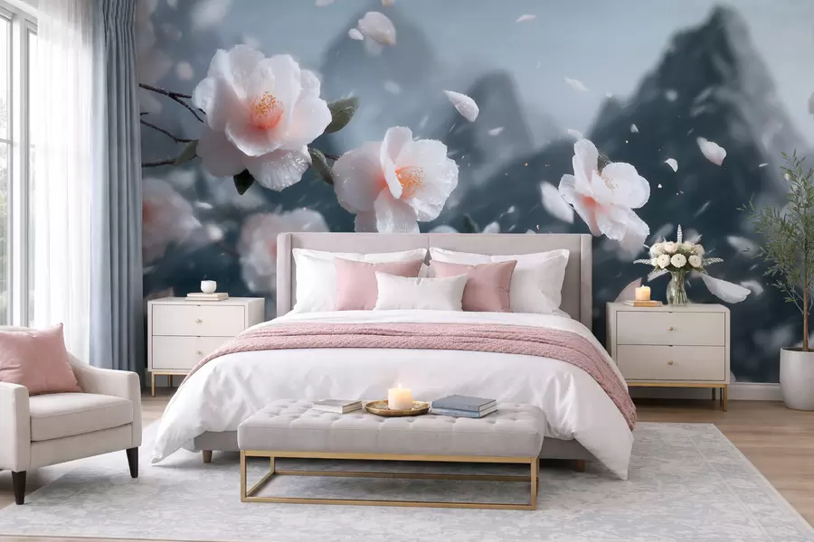 fototapet Flori delicate de cireș înflorit pe fundalul munților, peisaj japonez plin de atmosferă în nuanțe pastelate w09808
