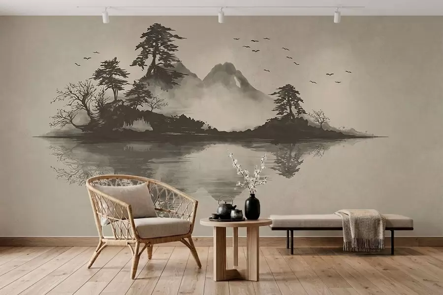 fototapet Peisaj montan în stil sumi-e, în nuanțe delicate de gri w05124v1