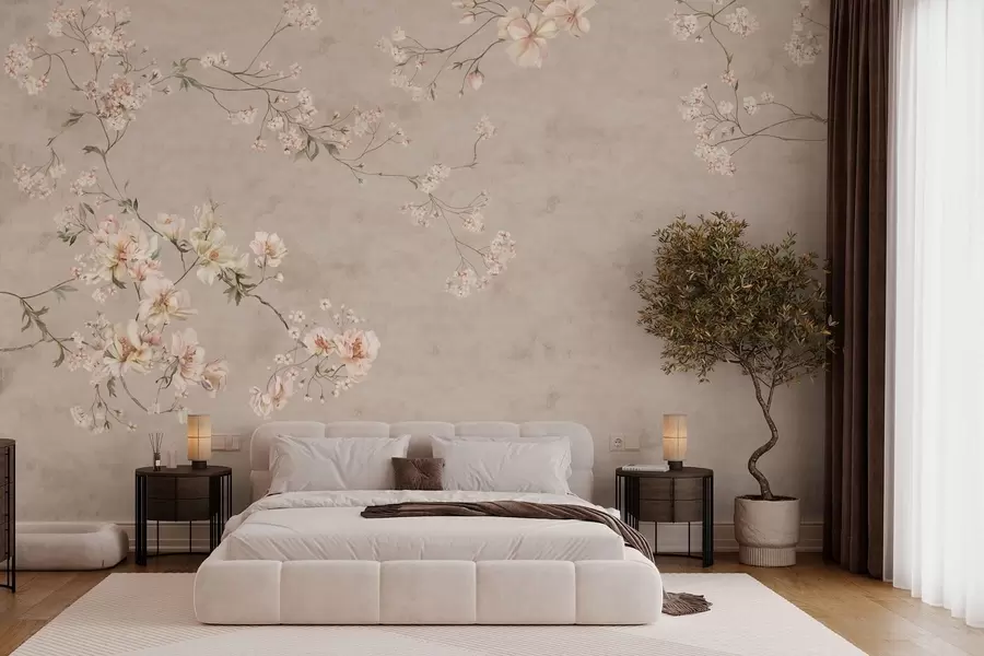 fototapet Ramuri florale delicate în stil chinoiserie pe un fundal deschis w05427