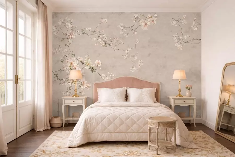 fototapet Ramuri florale delicate în stil chinoiserie pe un fundal deschis w05427