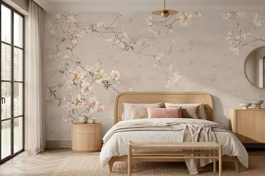 fototapet Ramuri florale delicate în stil chinoiserie pe un fundal deschis w05427