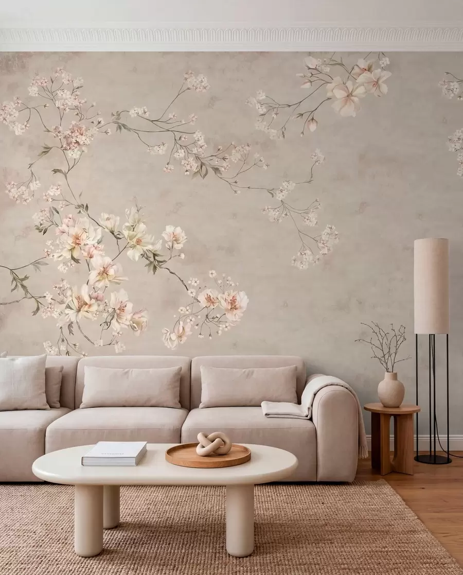 fototapet Ramuri florale delicate în stil chinoiserie pe un fundal deschis w05427