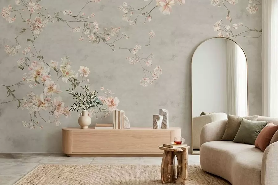 fototapet Ramuri florale în stil chinoiserie pe fundal gri w05427v1