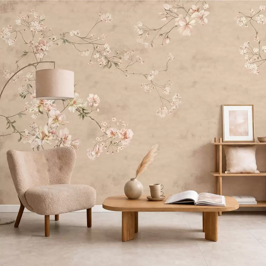fototapet Ramuri florale în stil chinoiserie pe un fundal bej cald w05427v2