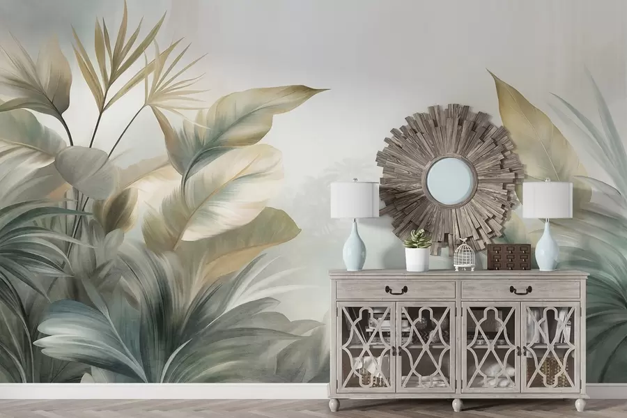 fototapet Frunze tropicale mari, cu textură, în nuanțe discrete de verde și bej, într-un decor de junglă w09820