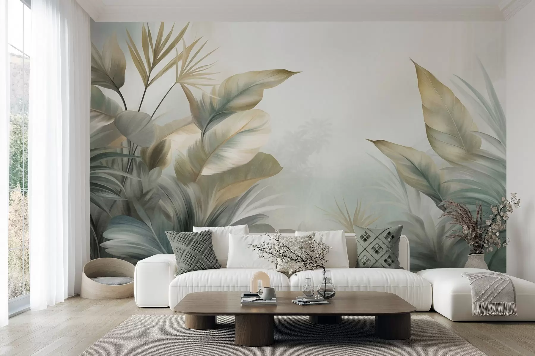 fototapet Frunze tropicale mari, cu textură, în nuanțe discrete de verde și bej, într-un decor de junglă w09820