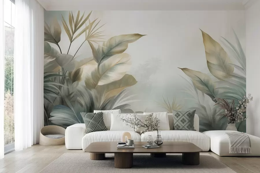 fototapet Frunze tropicale mari, cu textură, în nuanțe discrete de verde și bej, într-un decor de junglă w09820