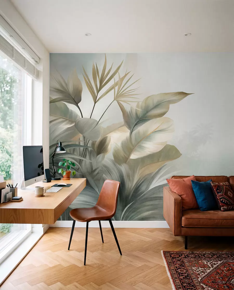 fototapet Frunze tropicale mari, cu textură, în nuanțe discrete de verde și bej, într-un decor de junglă w09820