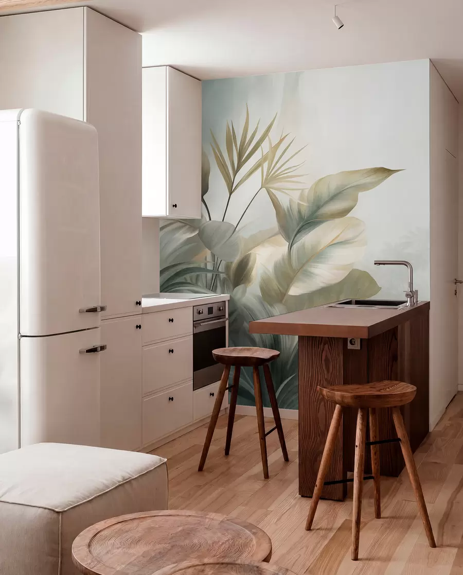 fototapet Frunze tropicale mari, cu textură, în nuanțe discrete de verde și bej, într-un decor de junglă w09820