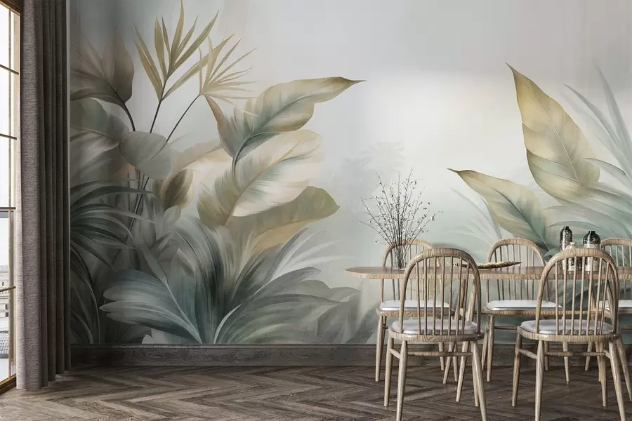 fototapet Frunze tropicale mari, cu textură, în nuanțe discrete de verde și bej, într-un decor de junglă w09820