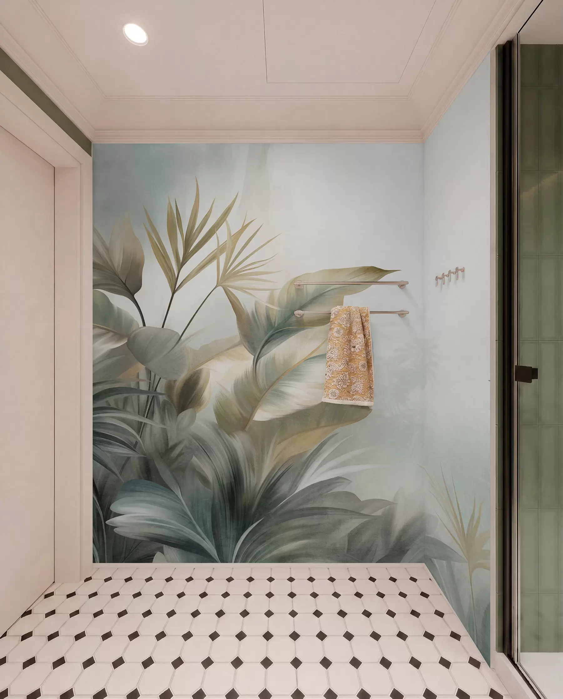 fototapet Frunze tropicale mari, cu textură, în nuanțe discrete de verde și bej, într-un decor de junglă w09820