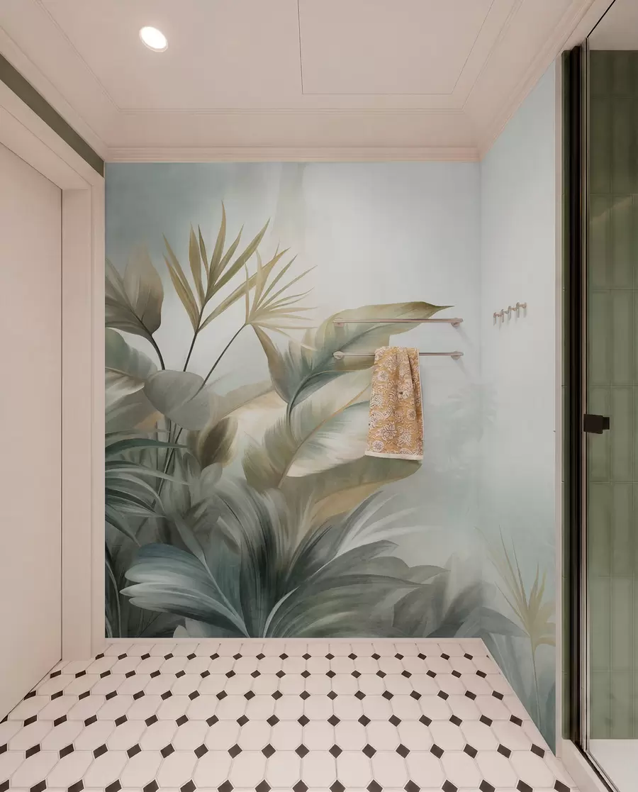 fototapet Frunze tropicale mari, cu textură, în nuanțe discrete de verde și bej, într-un decor de junglă w09820