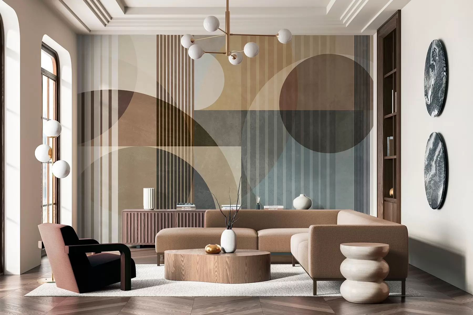 fototapet Forme geometrice abstracte compuse din cercuri și linii, în nuanțe discrete de pământ, cu textură, într-o compoziție stratificată w09834