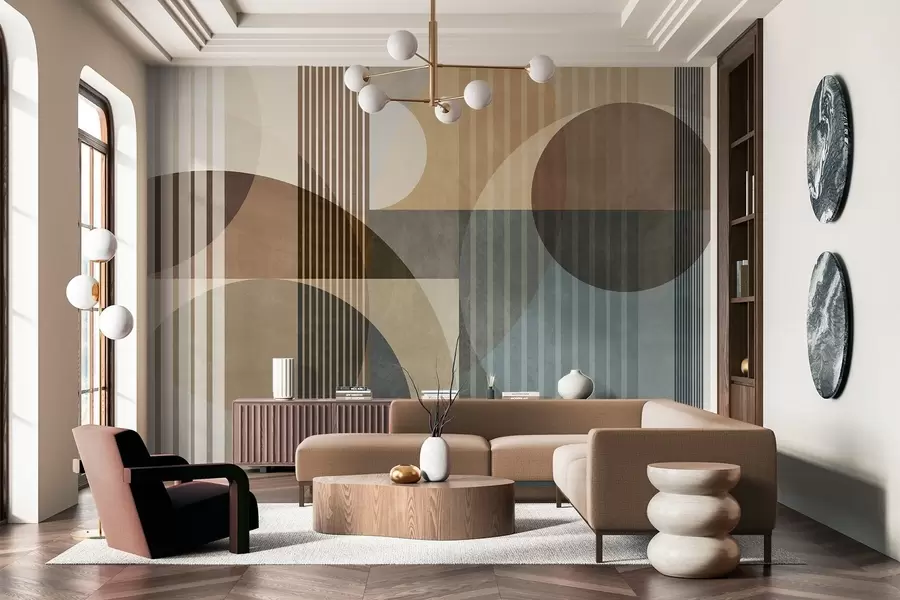 fototapet Forme geometrice abstracte compuse din cercuri și linii, în nuanțe discrete de pământ, cu textură, într-o compoziție stratificată w09834
