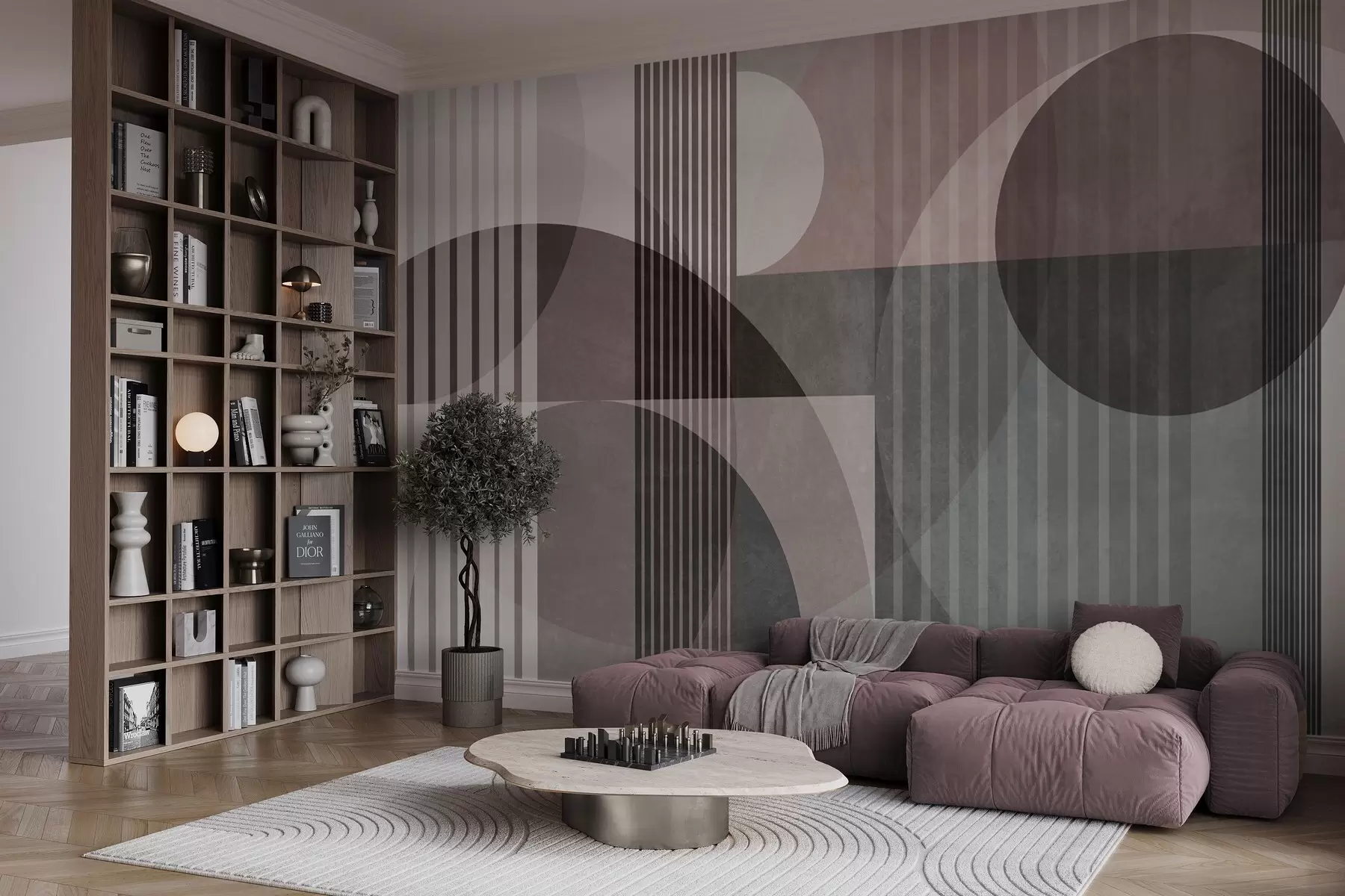 fototapet Forme geometrice abstracte compuse din cercuri și linii, în nuanțe discrete, cu textură, într-o compoziție stratificată w09834v1