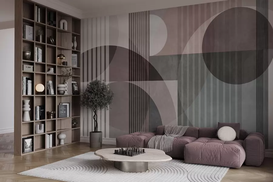 fototapet Forme geometrice abstracte compuse din cercuri și linii, în nuanțe discrete, cu textură, într-o compoziție stratificată w09834v1