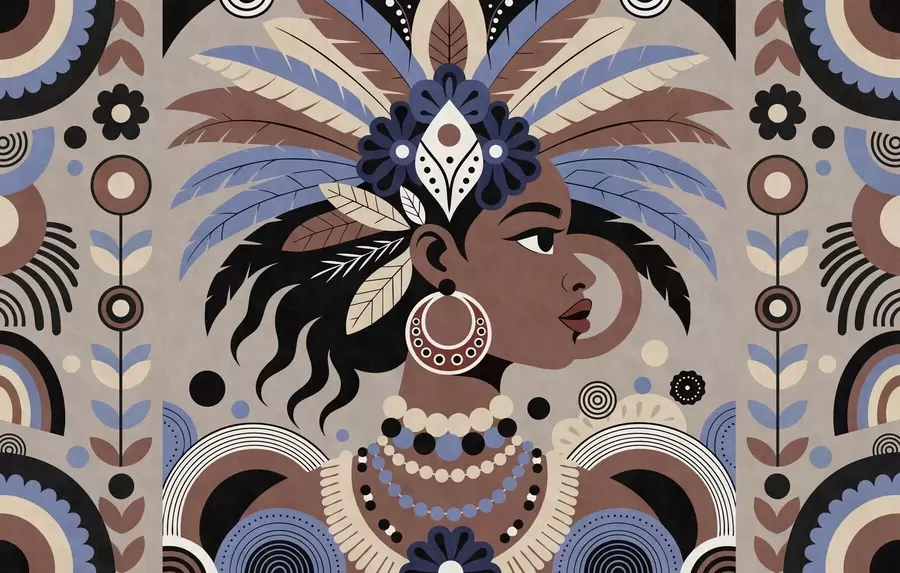 fototapet un design elegant, de inspirație africană, în nuanțe de albastru și ciocolatiu w05389