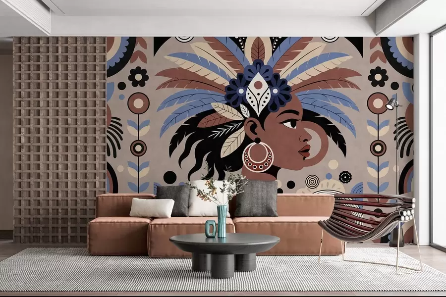 fototapet un design elegant, de inspirație africană, în nuanțe de albastru și ciocolatiu w05389