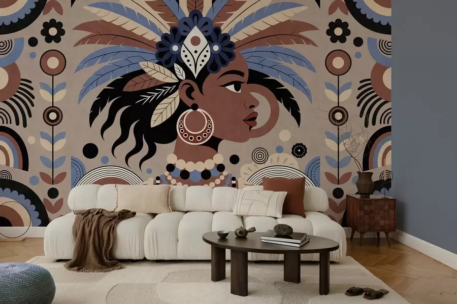 fototapet un design elegant, de inspirație africană, în nuanțe de albastru și ciocolatiu w05389