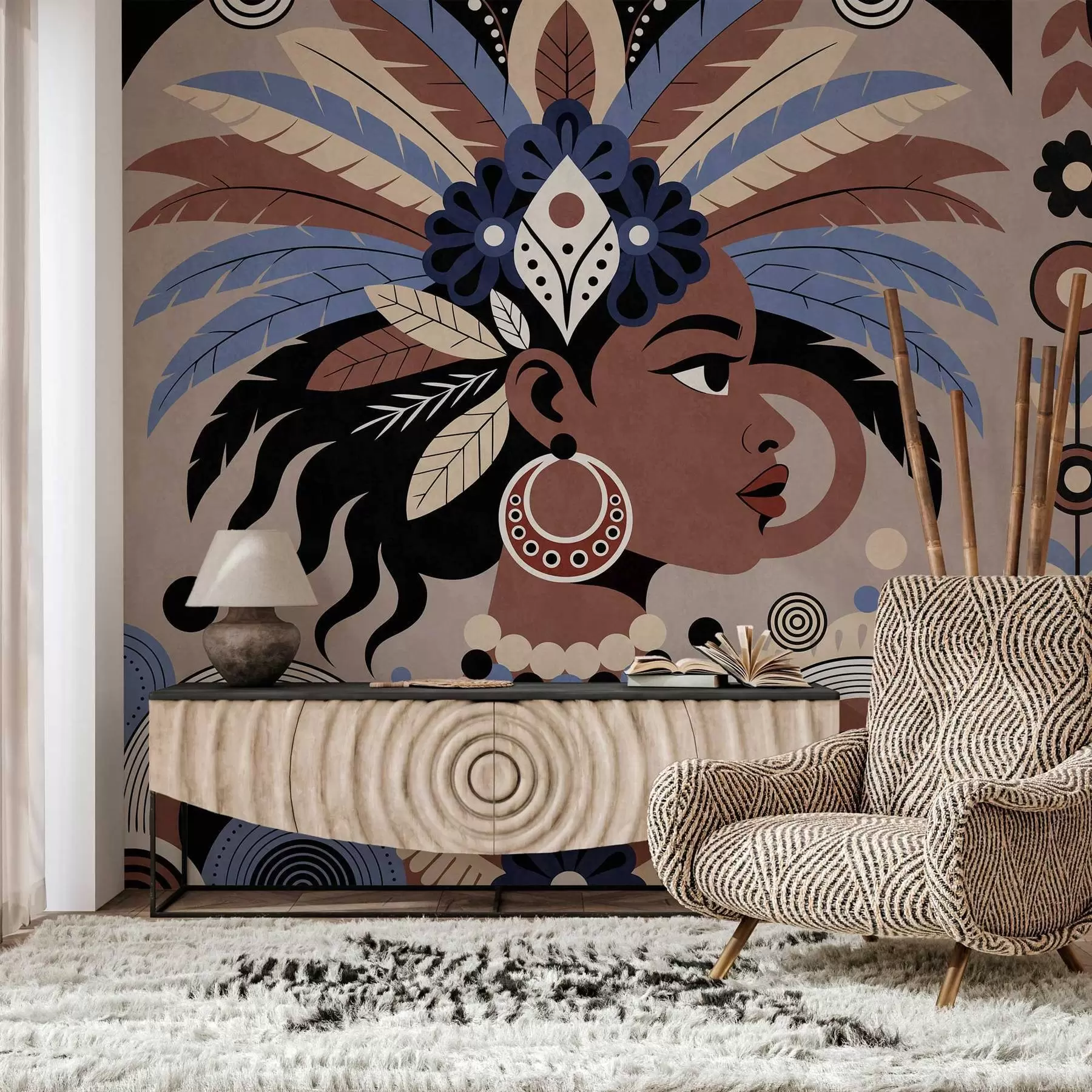 fototapet un design elegant, de inspirație africană, în nuanțe de albastru și ciocolatiu w05389