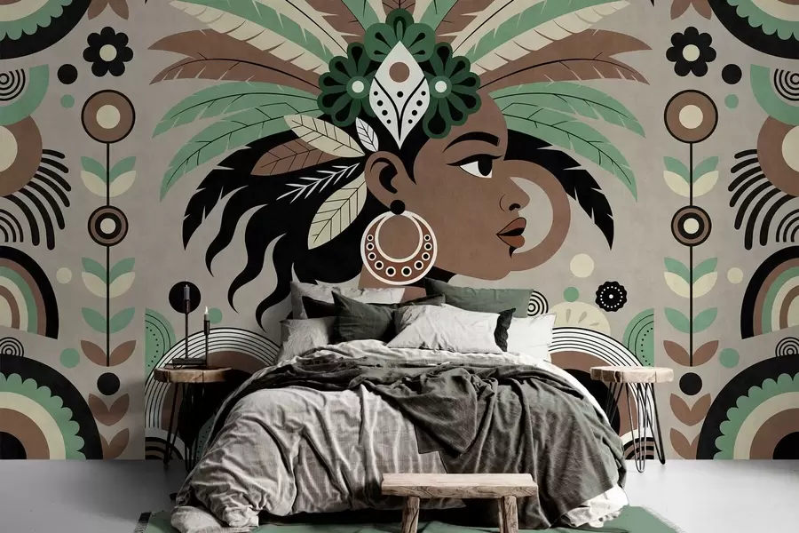 fototapet un design elegant, de inspirație africană, în nuanțe de verde, maro și bej w05389v1
