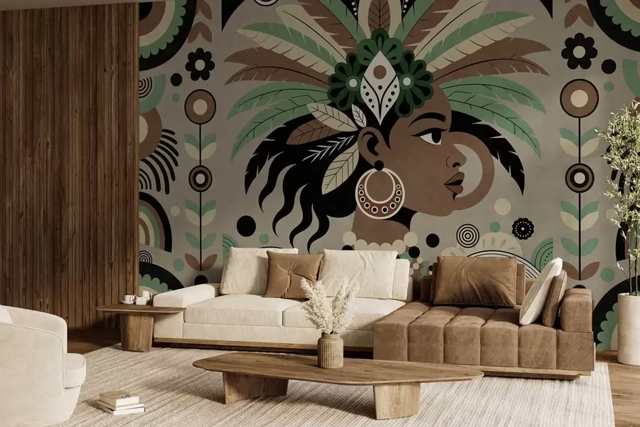 fototapet un design elegant, de inspirație africană, în nuanțe de verde, maro și bej w05389v1