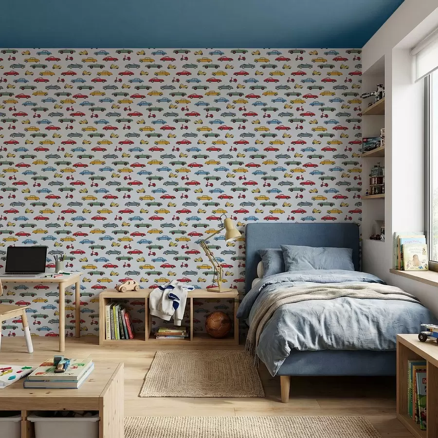 fototapet Mașini și scutere retro pe fundal albastru a01172v2