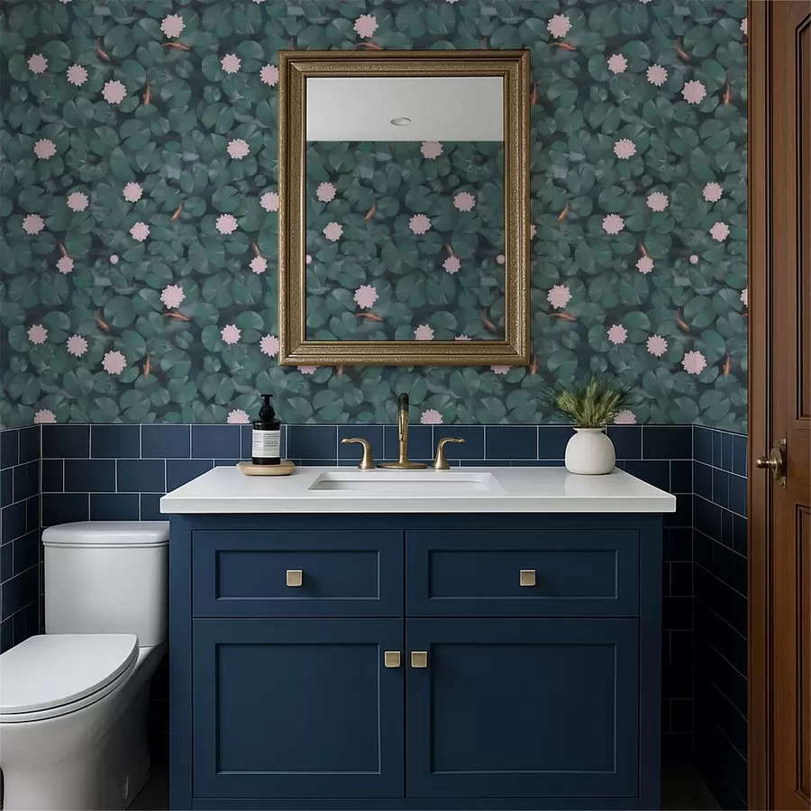 fototapet Nuferi cu flori și pești pe fundal întunecat a01177