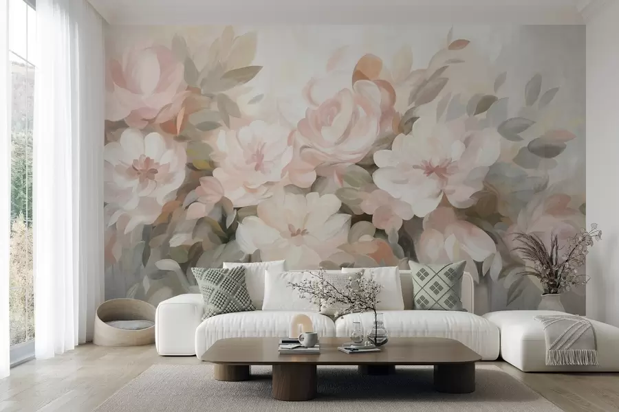 fototapet Flori de un roz pal și albe, cu frunze verzi, stil pictural, stil impresionist, artă texturată w09824