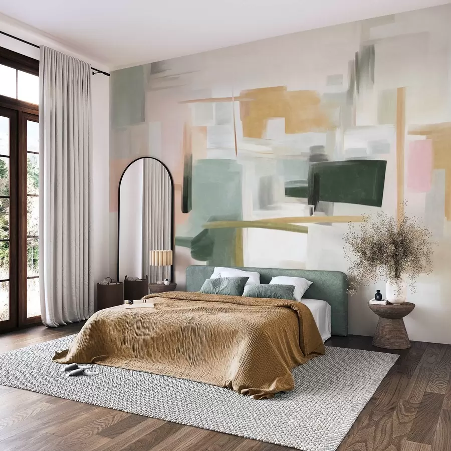 fototapet Stil pictural abstract minimalist, cu culori pastelate delicate, forme geometrice și linii w09828