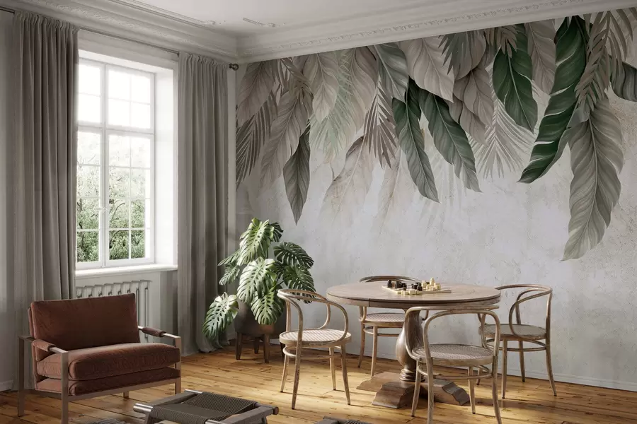 fototapet Frunze tropicale atârnate pe beton w05521
