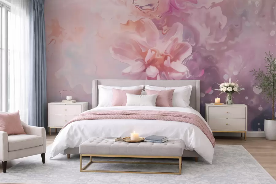 fototapet O compoziție abstractă cu o floare și nuanțe delicate de roz, în stil acuarelă w09859